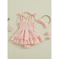 thumbnail image 3 of Musuos Baby Girls Summer Cute Romper Dress 0-18Months Solid Color Sleeveless Adjustable Shoulder Strap Romper with Headband, Pink/White, 3 of 10