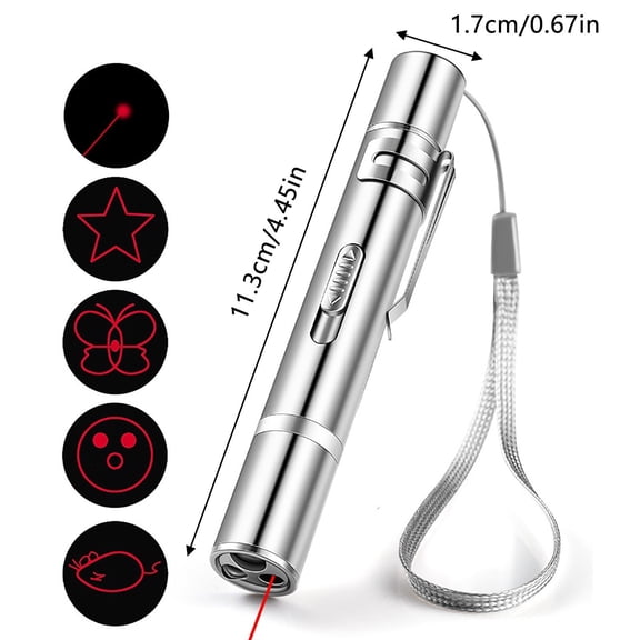 Cat Toys, USB Rechargeable Cat Laser Pointer, 3 Light Modes & 5 Fun Patterns, Cat Toys Wand for Indoor Cats Portable Interactive Kitten Pet Dog Cat Mouse Toy for Fun Chase Play Exercise, Silver