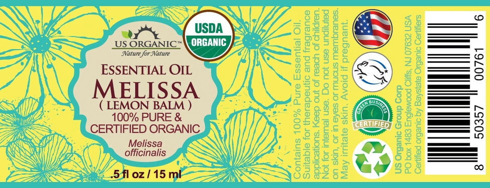 US Organic Melissa Essential Oil (Lemon Balm), 100% Pure Certified USDA Organic