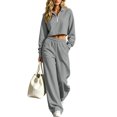 thumbnail image 3 of Dzrciro Sets for Women, Long Sleeve Lapel Half Zip Cropped Tops and Elastic Waist Wide Leg Pants with Pockets, Tendy Casual 2 Piece Sets S‑2XL, 3 of 10