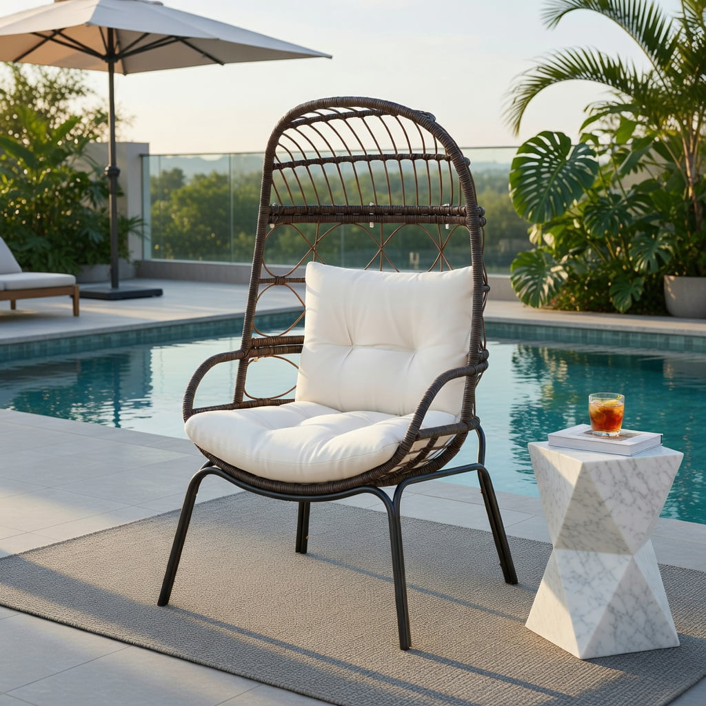 Hommoo Outdoor Wicker Egg Chair with Beige Cushions, PE Rattan Lounge Basket Chair for Patio, Backyard & Poolside, Ergonomic Design, Brown