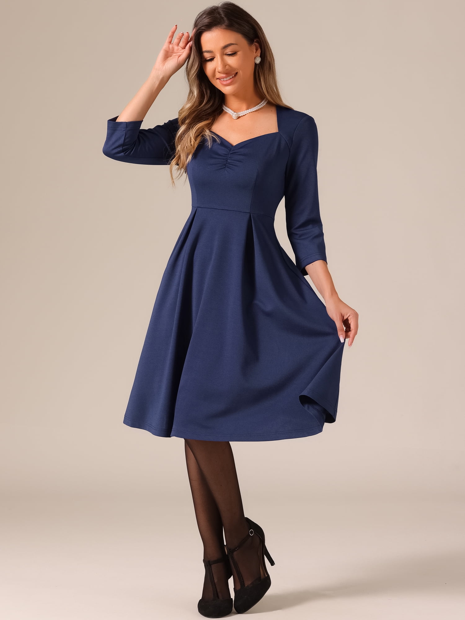 DARING DIVA Women's 3/4 Sleeve High Waist A Line Pleated Midi Dress XS Dark Blue