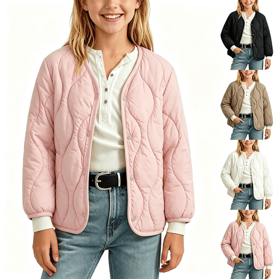 Zynoxe Girls Puffer Coat Winter Lightweight Solid Color Button Down Wave Stitched quilted Coat Casual Warm Relaxed Padded Jacket