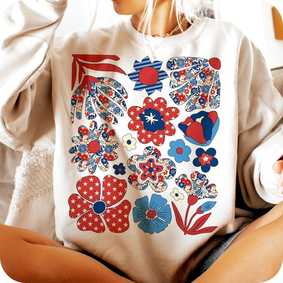 Boho Floral 4th of July Sweatshirt, Preppy Patriotic Pullover with Girly USA Vibe for Independence Day and American Pride BTO