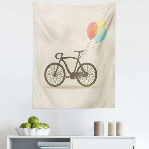 Bike Party Tapestry, Bicycle Motif and Colorful Flying Balloons on Plain Pastel Backdrop, Fabric Wall Hanging Decor for Bedroom Living Room Dorm, 5 Sizes, Champagne Multicolor, by Ambesonne