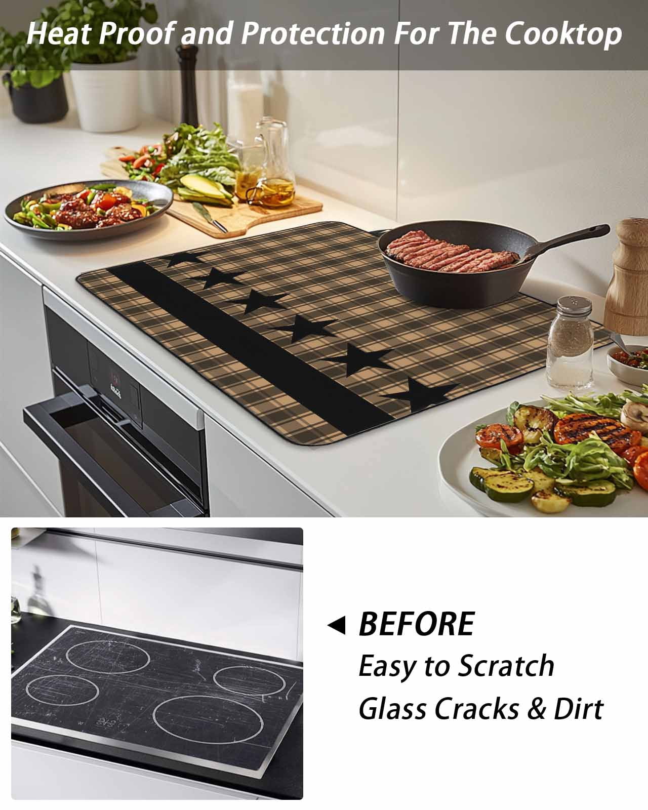 Stove Top Covers for Electric Stove, Brown Black Plaid Glass Stovetop Cover Protector, Vintage Rustic Star Buffalo Check Induction Cooktop Protector Oven Mat for Kitchen Countertop 24"x21"