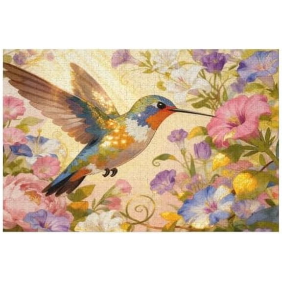 Right Facing Hummingbird 500 Piece Jigsaw Puzzle for Adults, Floral Bird Artwork, 20.5 x 15 IN