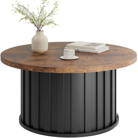 Garvee 31.9" Round Coffee Table, Mid-Century Modern Accent Table with Fluted Texture and Sturdy Metal Base for Living Room, Apartment and Small Spaces-Brown