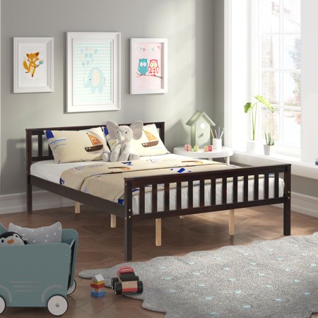 Holaki Queen Size Wood Platform Bed with Headboard for Kids Teens  Espresso