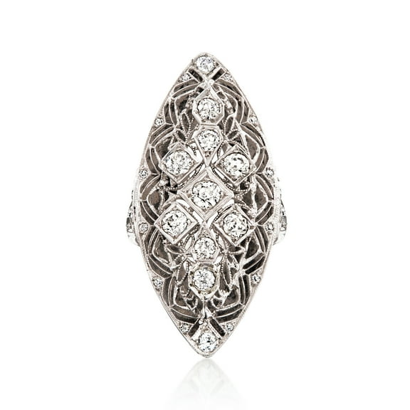 Vintage Art Deco Elongated Dinner Ring, Navette Statement Diamond Ring, Antique Filigree Ring, Accent Diamond Ring, Women's Dome Ring, 925 Sterling Silver, 1.8 Ct Simulated Diamond