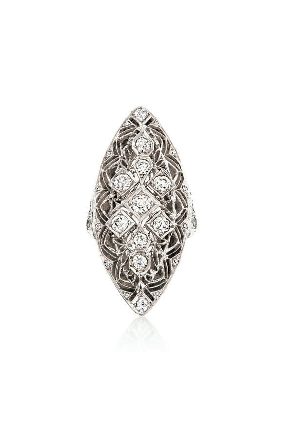 Antique Filigree Ring, Vintage Art Deco Elongated Dinner Ring, Navette Statement Diamond Ring, Accent Diamond Ring, Big Dome Ring, 925 Sterling Silver, 1.9 Ct Simulated Diamond