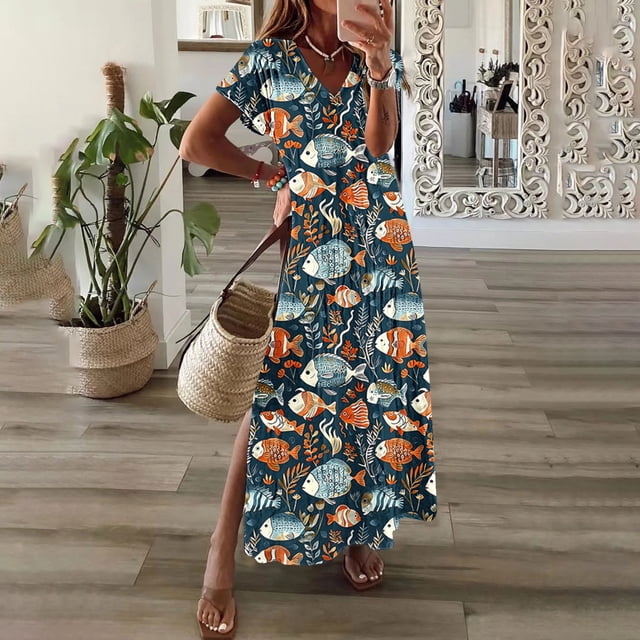 Daiosportswear Robe Longue d'Été pour Femme, Col en V, Manches Courtes, Maxi, Robe Fleurie, Décontractée, Ample, Robe de Plage, Robe à Manches Courtes pour Femme Multicolore-P TG(TG)