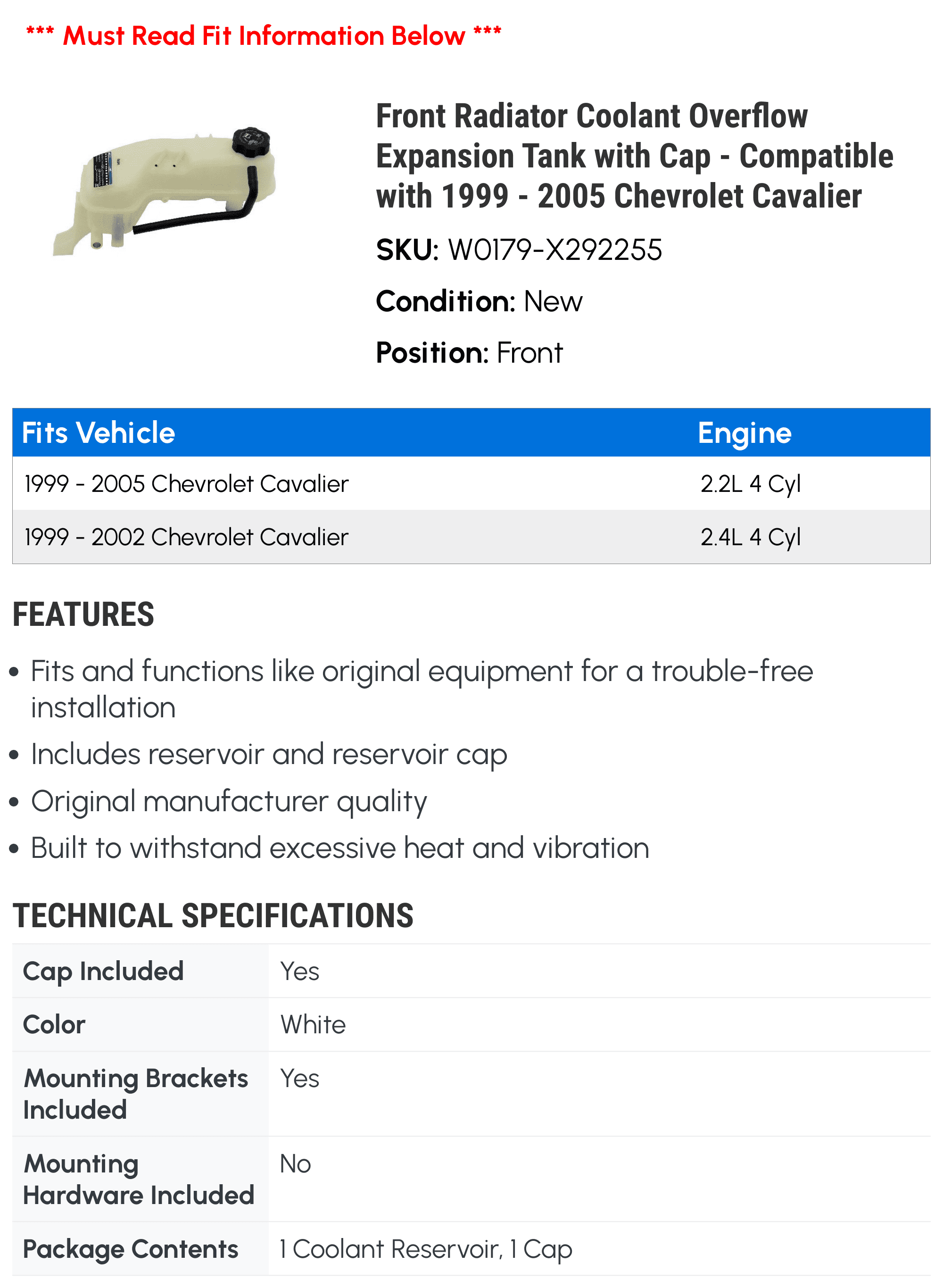 Front Radiator Coolant Overflow Expansion Tank with Cap - Compatible with 1999 - 2005 Chevy Cavalier 2000 2001 2002 2003 2004