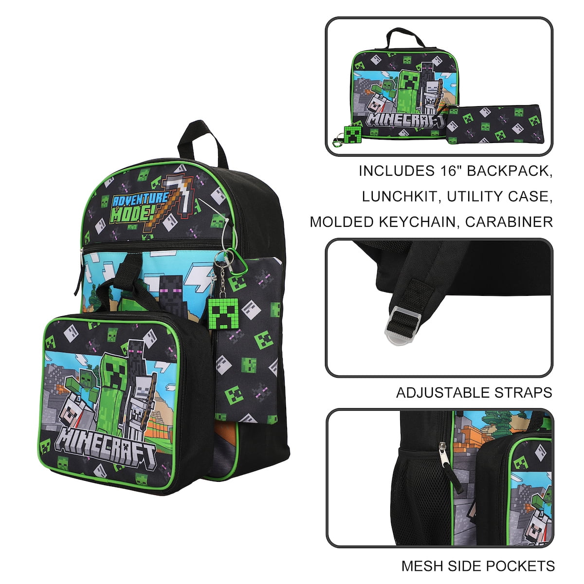 Minecraft 5-Piece Set: 16 Backpack Lunchbox Utility Case Rubber Keychain and Carabiner