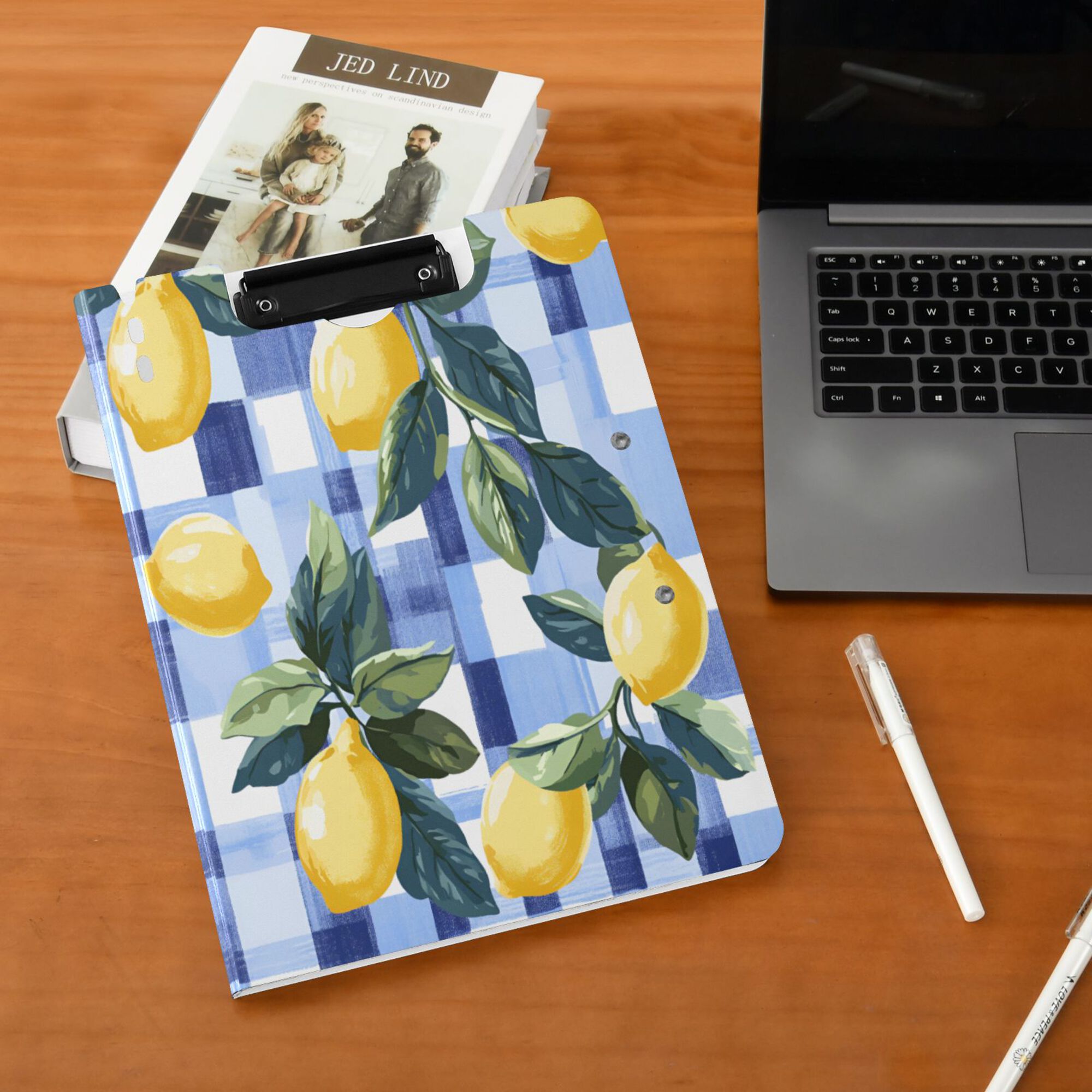 FORMRS A4 Clipboard Folder with Pen Holder Horizontal Foldable School Office Binder, Cartoon Lemon Leaves