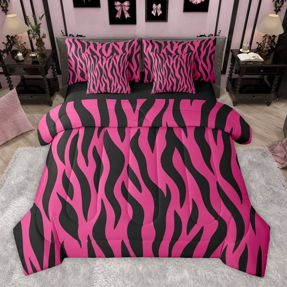 Homewish Geometric Stripes 7-Piece Twin Bedding Sets,Abstract Zebra Print Bedding Comforter Set,Pink Black Sheet Sets For Girls Kids,Luxury Bedroom Decor Reversible