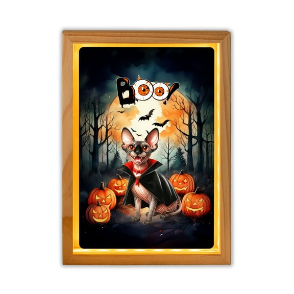 Happy Halloween Vampire Sphynx BOO with Pumpkins Fun and Spooky Acrylic Plaque with Wood Photo Frame Box Cat Lover Kitten Owner Gifts Idea Light Box - 00018