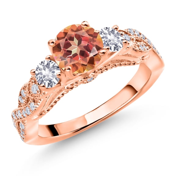 Gem Stone King 18K Rose Gold Plated Silver Ecstasy Mystic Topaz White Created Sapphire and White Moissanite Engagement Ring for Women (1.53 Cttw, Gemstone, Round 6MM and 3MM, Size 7)