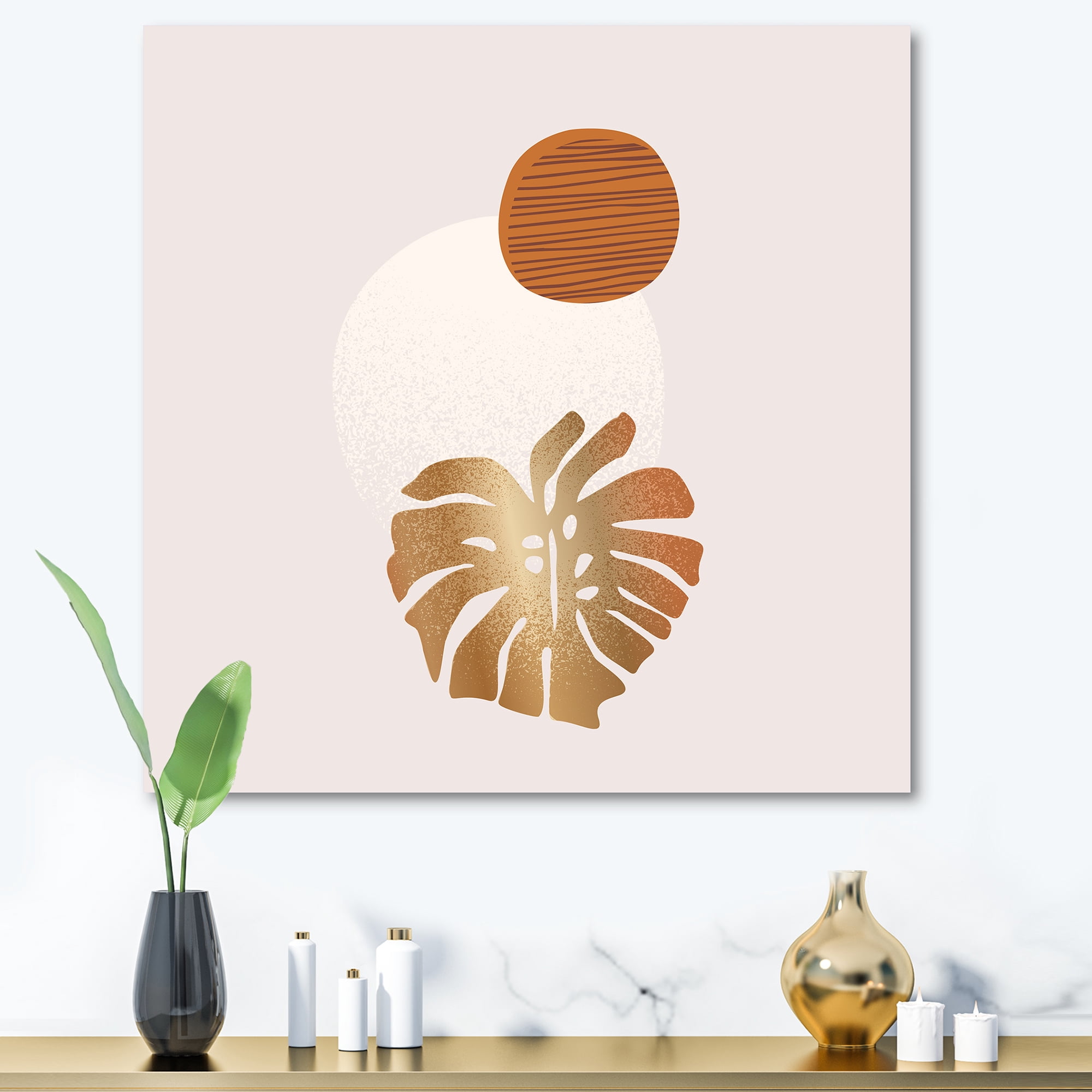 Designart ' Abstract Geometry Shapes and Tropical Palm Leaf II ' Modern Canvas Wall Art Print
