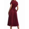 thumbnail image 5 of Womens Solid Color Overlap V Neck Batwing Sleeve Waist Pleated Long Elegant Dress Maxi Wine Red M, 5 of 10