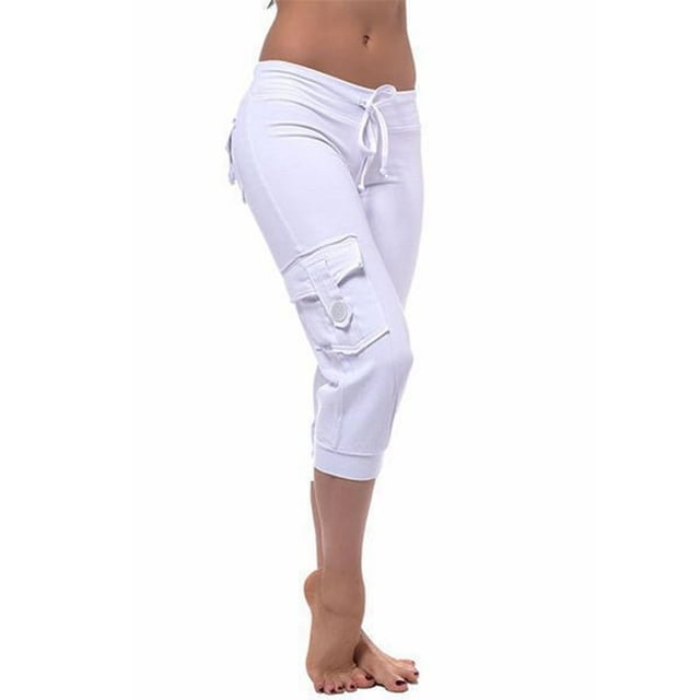 Capri Pants for Women Plus Size Side Pockets Cargo Pants Elastic Drawstring Casual Cropped Pants
