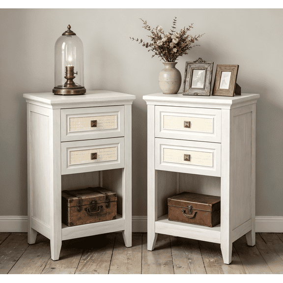 Set of 2 Grayish White Rattan Farmhouse Nightstands, 27" Boho Accent End Table with 2 Drawers & Open Shelf, Wood Bedside Cabinet for Bedroom Living Room Home Office