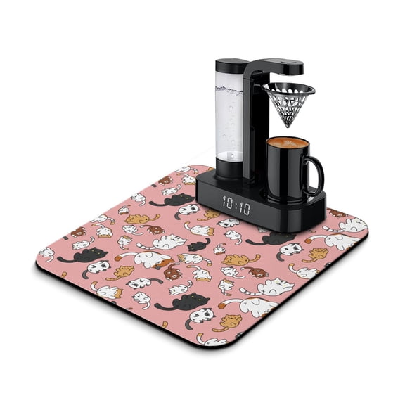 Cats and Flowers Print Coffee Mat - Cat and Moon Artwork Absorbent Drying Mat for Coffee Lovers