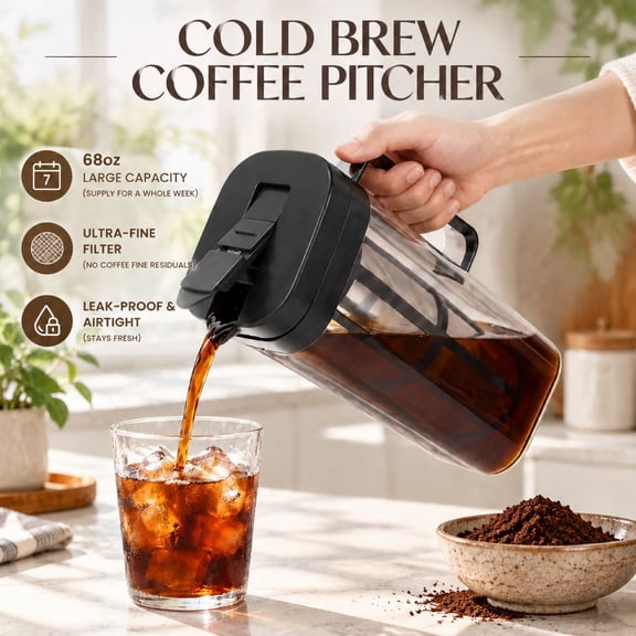 68 oz Cold Brew Coffee Maker, Pitcher with Fine Mesh Filter, Airtight Leakproof Lid, Versatile Tea Brewer for Iced Coffee,Tea & Lemonade