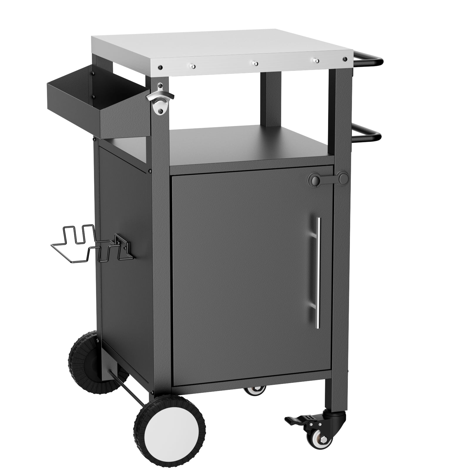 Rolling Outdoor BBQ Grill Cart with Stainless Steel Top, Storage Cabinet, Spice Rack Hooks Lockable Wheels, Patio Bar Prep Table for Backyard Grilling Accessories Storage