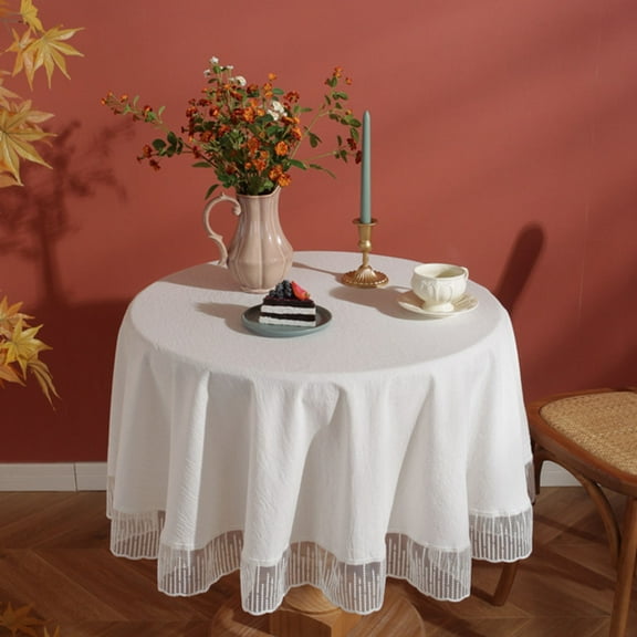 Round White Tablecloth Washable,Cotton Linen Tablecloth with White Lace Trim Table Cover