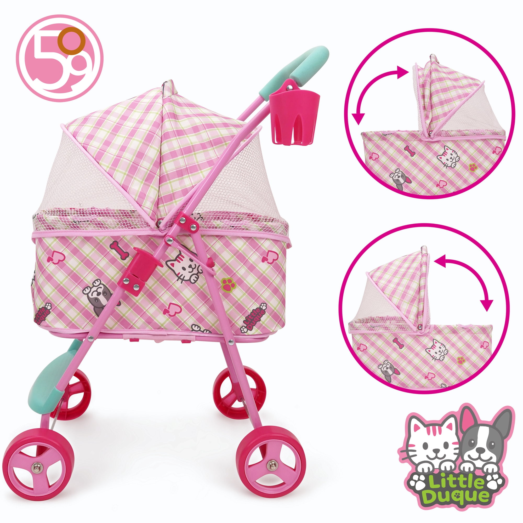 509 Crew: Little Duque 2-In-1 Pet Doll Toy Pram - Pink-Puppy-Kitten Print, Stuffed Animal Stroller w/ Removable Bassinet, Sun Canopy, Roleplay, Kid 3+