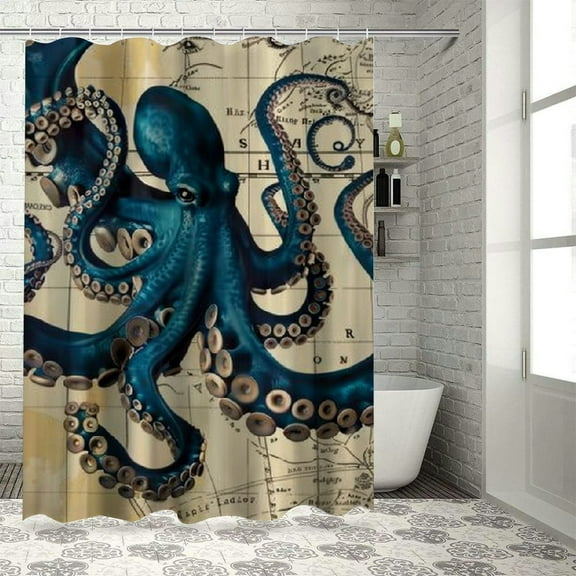 PRATYUS Nautical Octopus Shower Curtain, Vintage Funny Ocean Shower Curtains for Bathroom, Coastal Map Waterproof Fabric Bath Curtain, Home Décor 36x72