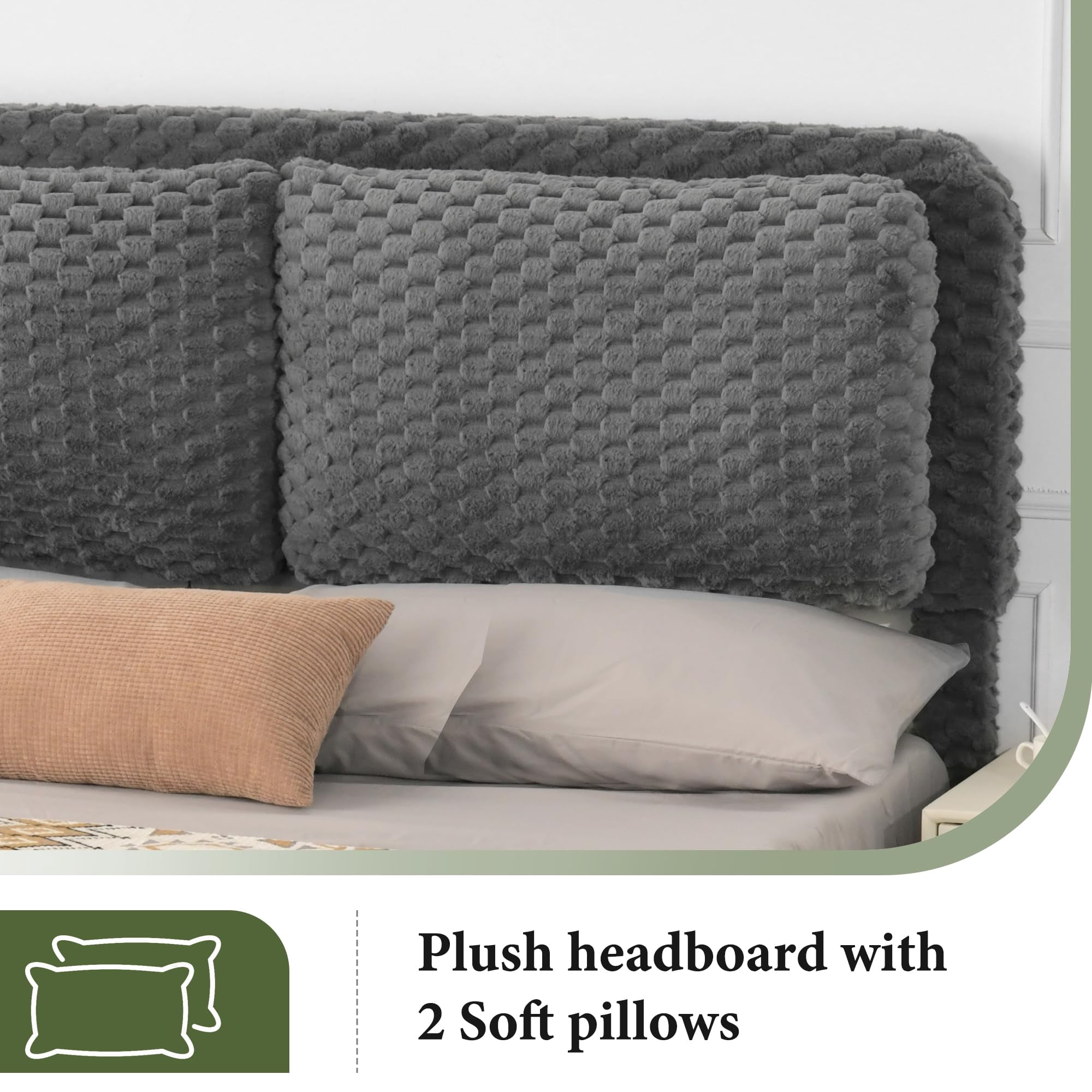 4 EVER WINNER Queen Bed Frame, Queen Size bed Frame with Headboard, Upholstered Bed Frame with Removable Pillows, Grey
