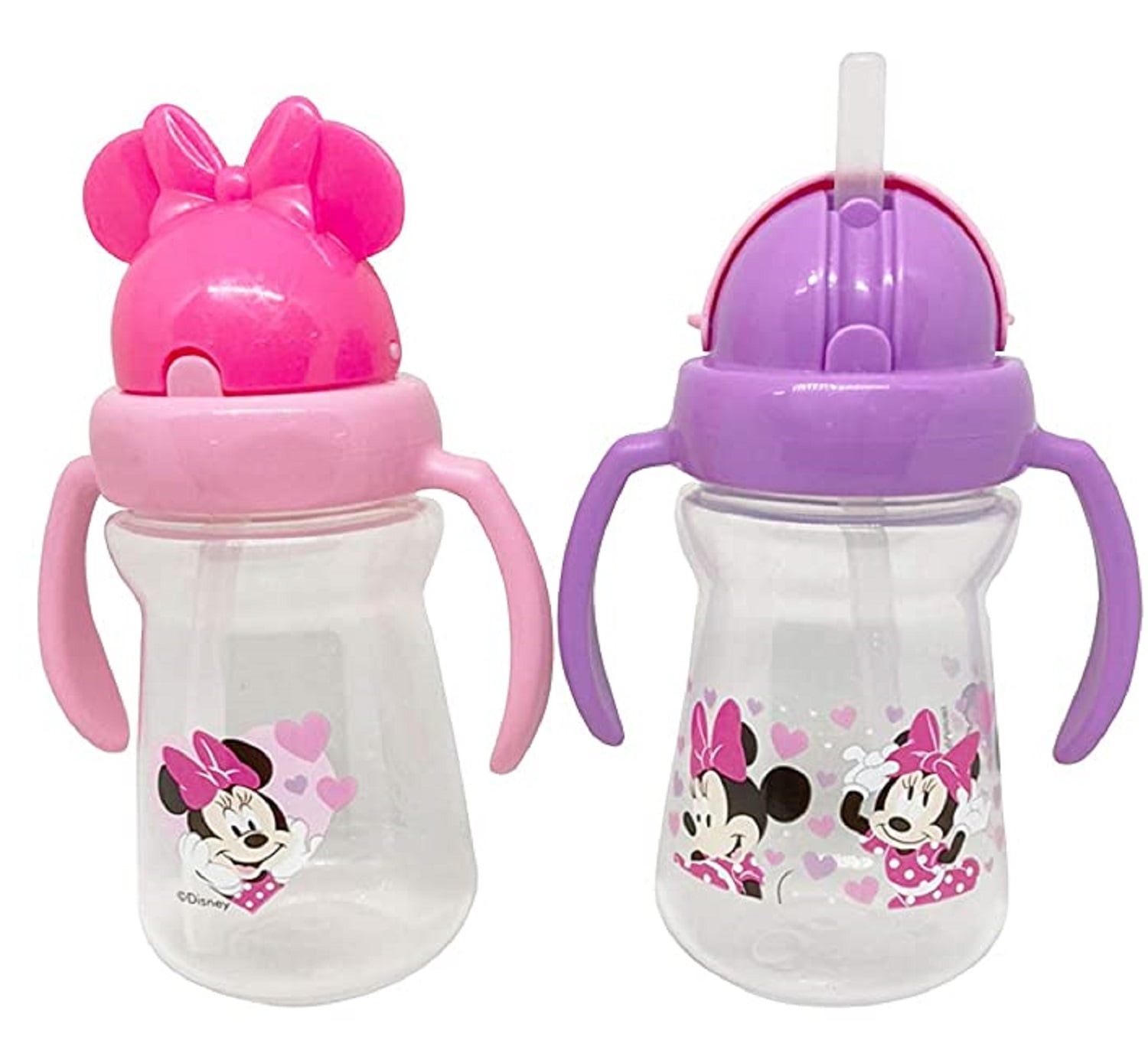 Disney Cudlie Minnie Mouse Baby Girl 2 Pack of 6 Oz Sippers Handles Pop Up Straw Character Molded Lid in Pink & Purple