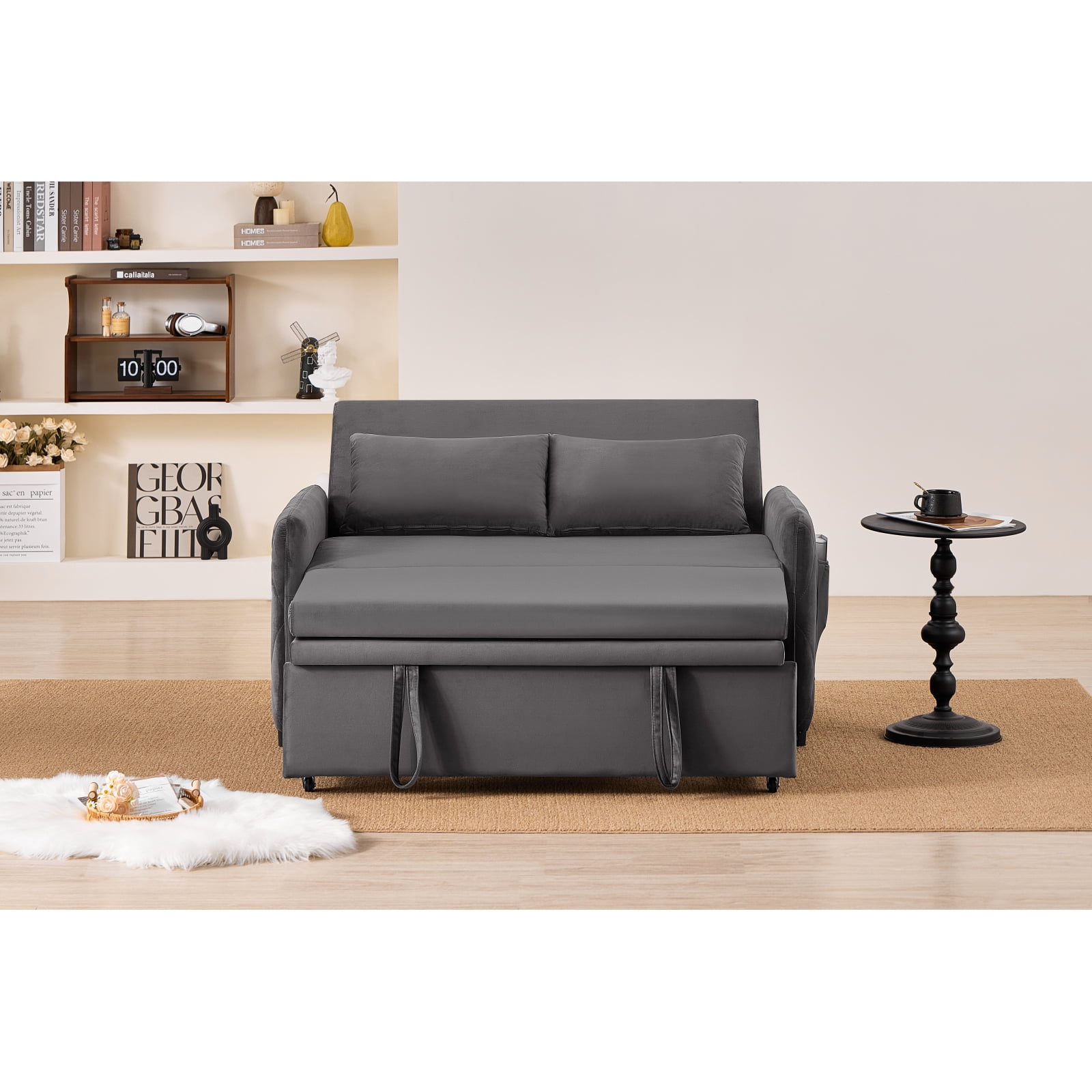 Leumius 3 in 1 Convertible Sleeper Sofa Bed, Modern Convertible Sofa Bed with 5-Position Adjustable Backrest,Velvet Pull Out Couch with Pull Out Bed for Living Room Furniture,Gray