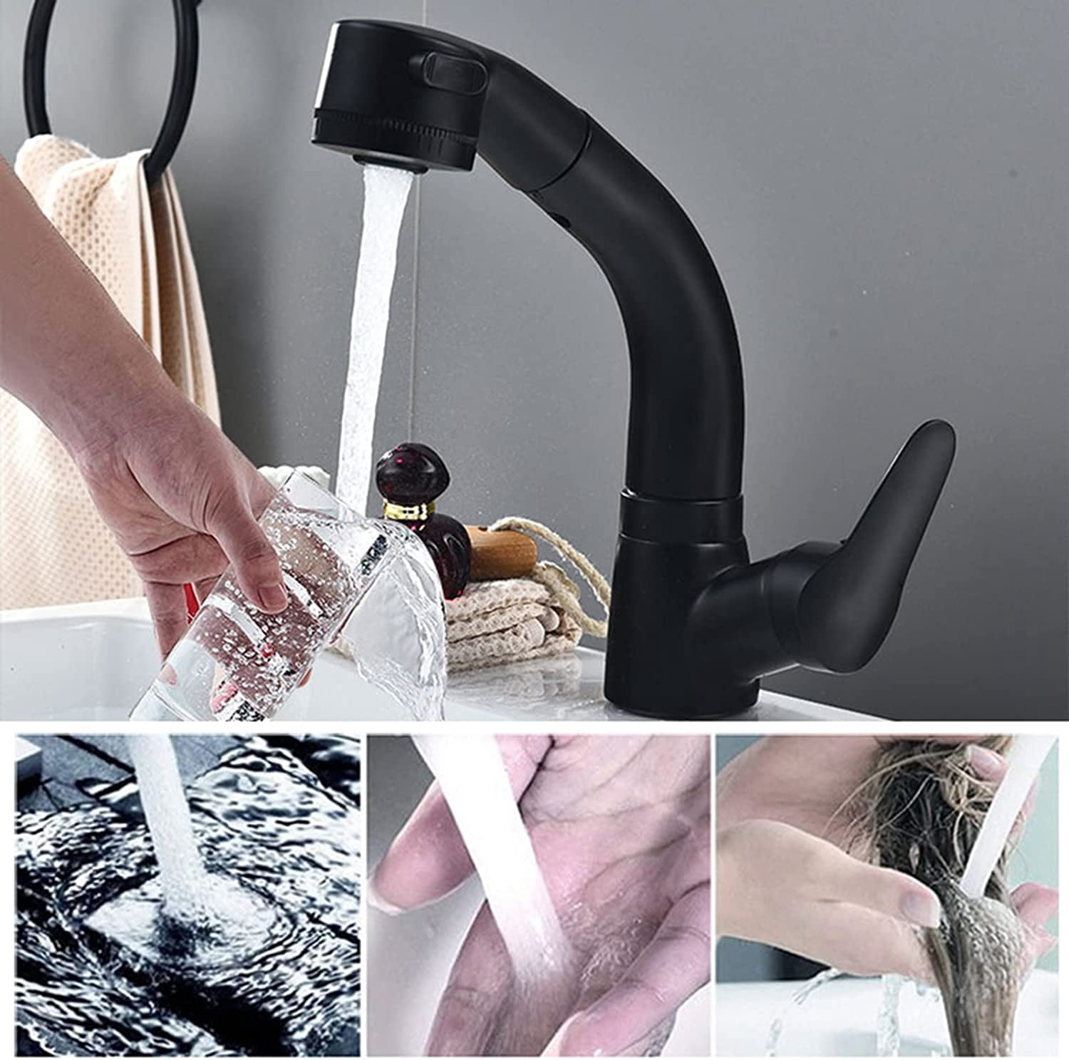 Bathroom Mixer Sink Faucet with Pull Out Sprayer Dual Mode Mixer Tap for Hot and Cold Water Liftable Single Handle Brass Retractable Basin Faucet,Black