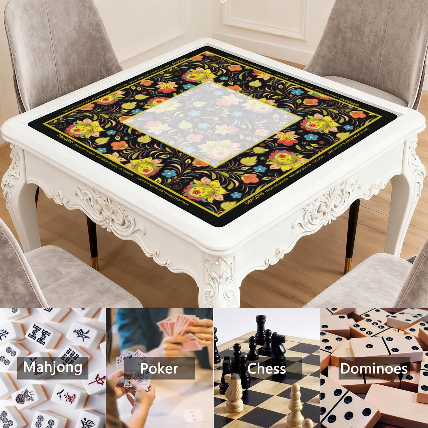 Floral Mahjong Mat with Rules, 31.5*31.5in Anti Slip American Mahjong Mat for Table, Noise Reduction, Neoprene Mah jongg Mats with Carrying Bag & 3 Dices, Mahjong Set Gift, Board Tile Games Mats