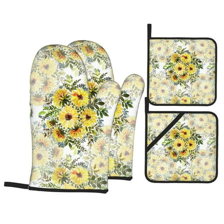 

Oven Mitts and Pot Holders Sets 4 pcs - Daisies And Wildflowers Heat Resistant Silicone Oven Gloves with Non-Slip Silicone Surface and hot pads for kitchen Baking Cooking BBQ