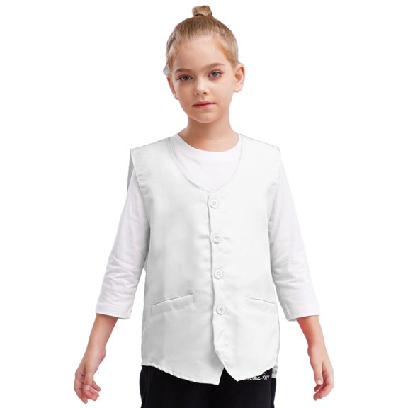 Haitryli Unisex Kids Volunteer Vest Button Up Waistcoat Boys Girls Waiter Bartender Uniform White 13-14