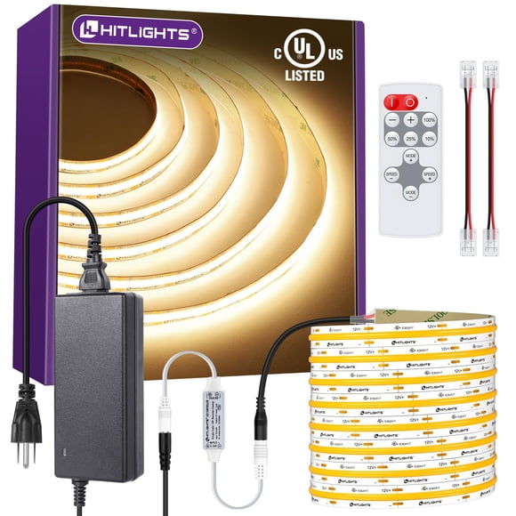 HitLights COB LED Strip Lights Kit Warm White 3000K, Dimmable Tape Light with Remote 12V Power Supply, 2640 LEDs, 426 lm/ft, CRI