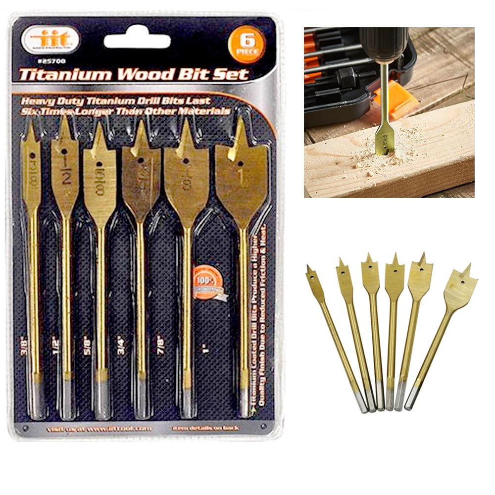6 Pc Spade Drill Bit Set Paddle Wood Boring Flat Woodworking Titanium Coated New