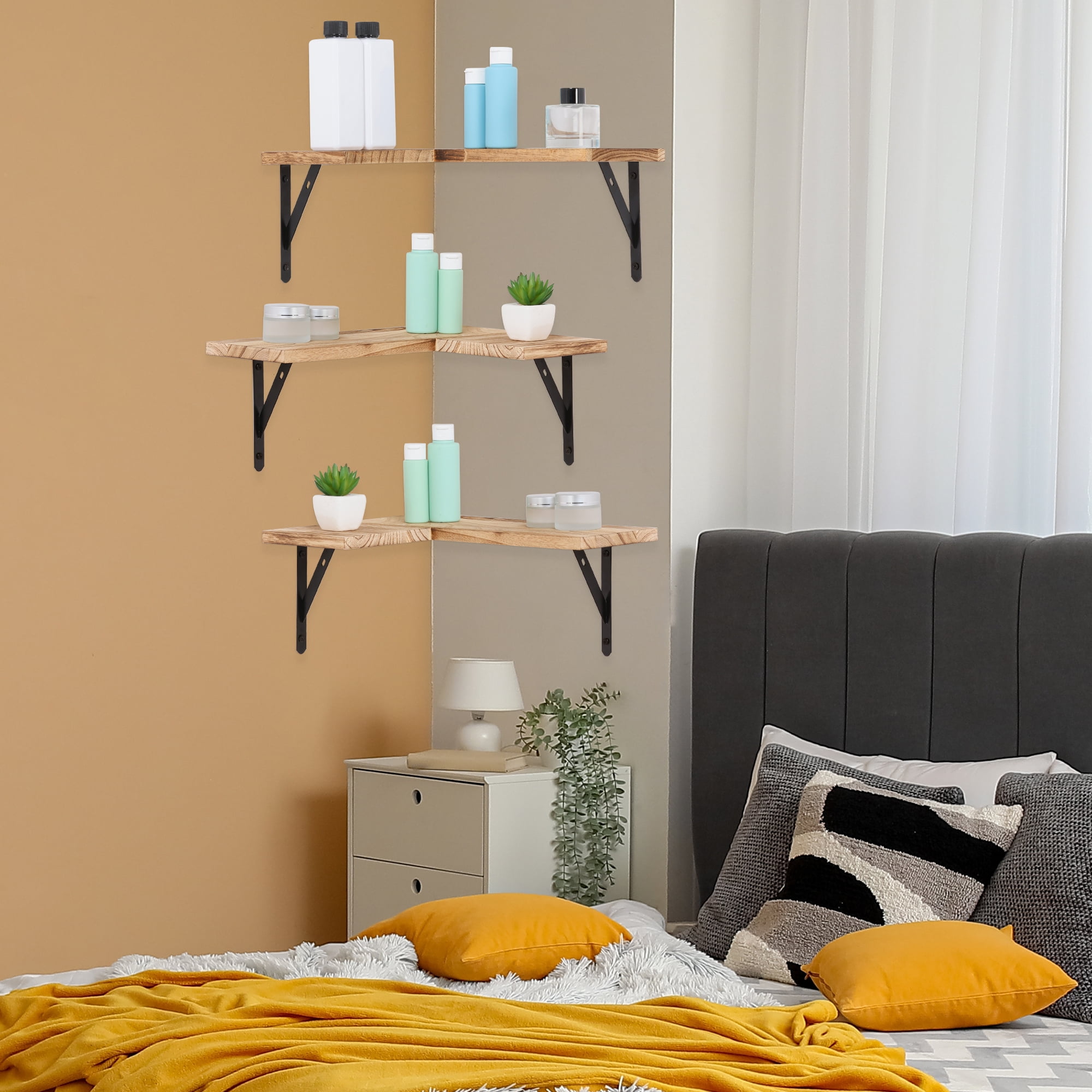 Unique Bargains Wood Floating Shelves Set of 3 Wall Mounted Shelves Light Brown 15.7"
