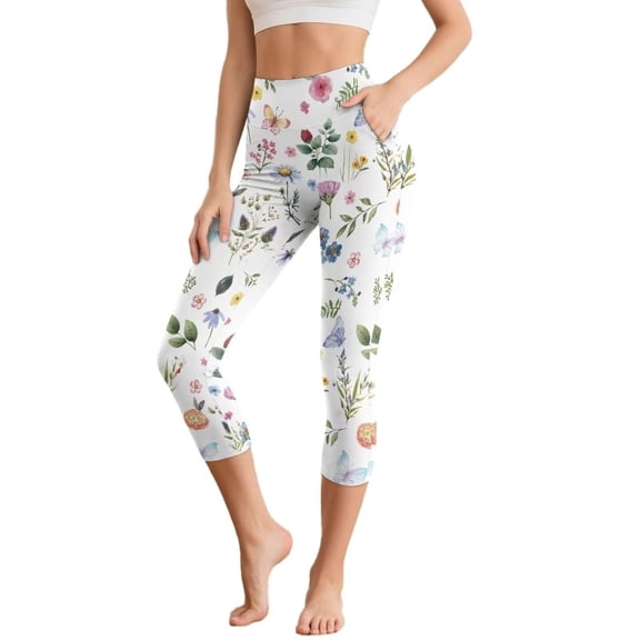 Arlun Womens High Waisted Tummy Control Capri Leggings with Pockets 2026 Fashionable Floral Printing Stretchy Soft Comfortable Casual Workout Yoga Pants 5-White XL