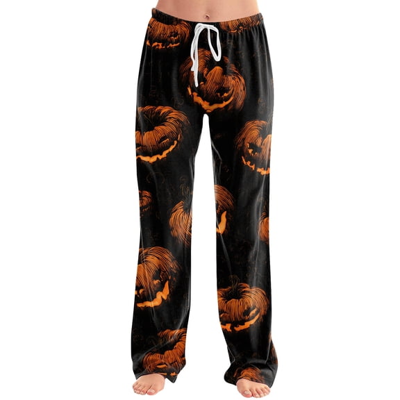 Haunted House & Witch Hat Halloween Pajama Pants for Women, Adjustable Drawstring Lounge Bottoms with Spooky Icon Print, Soft Polyester Sleep Trousers, 1 Pair Black L