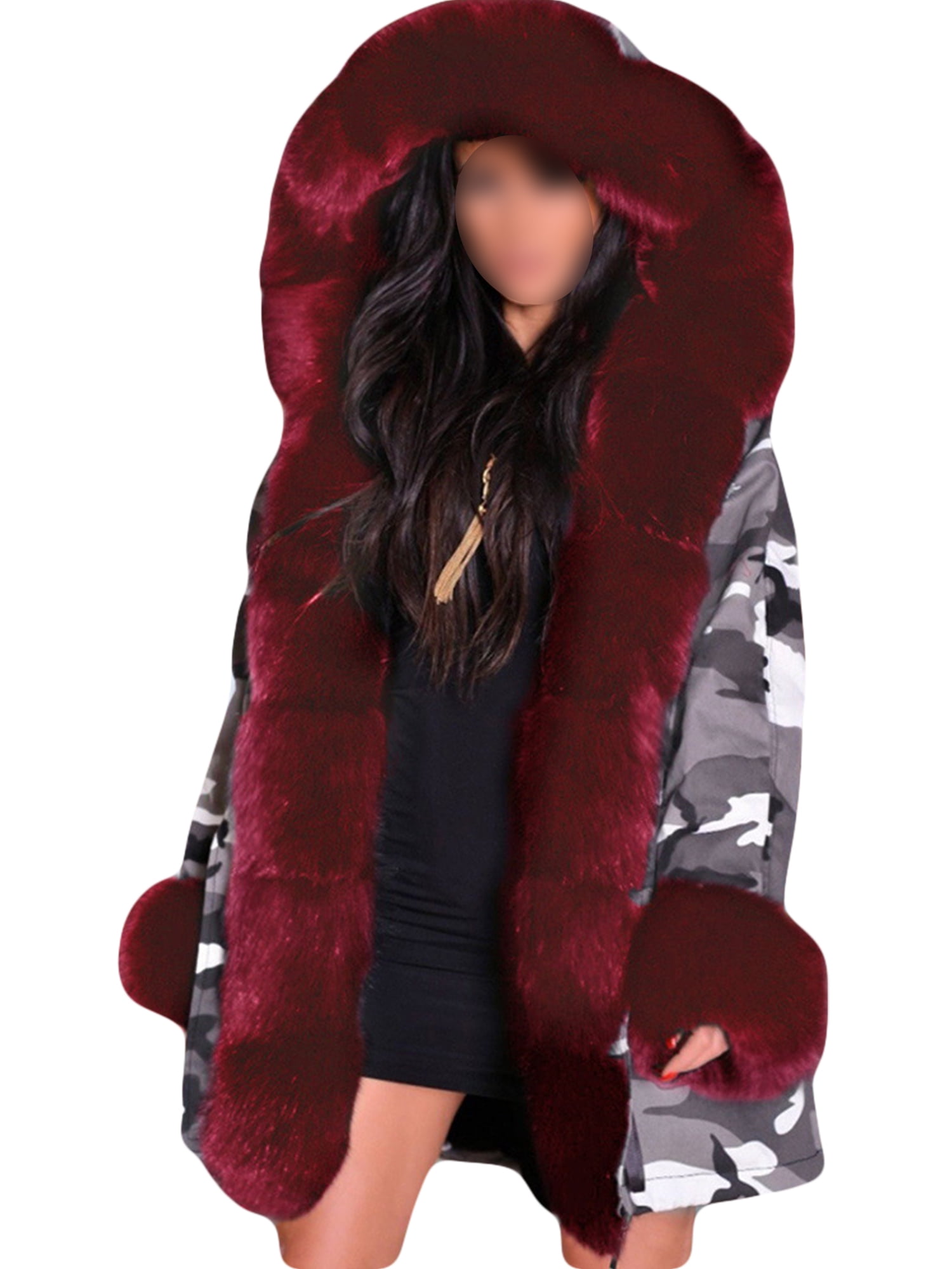 Women's Furry Plush Long Sleeve Hooded Long Parka Faux Fur Coat Thickened