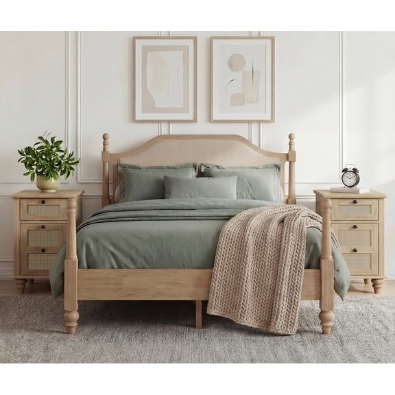3 Piece Bedroom Furniture Set, Queen Bed Frame & 2 Rattan Nightstands, Charging Station, Drawer & Storage Cabinet, Oak