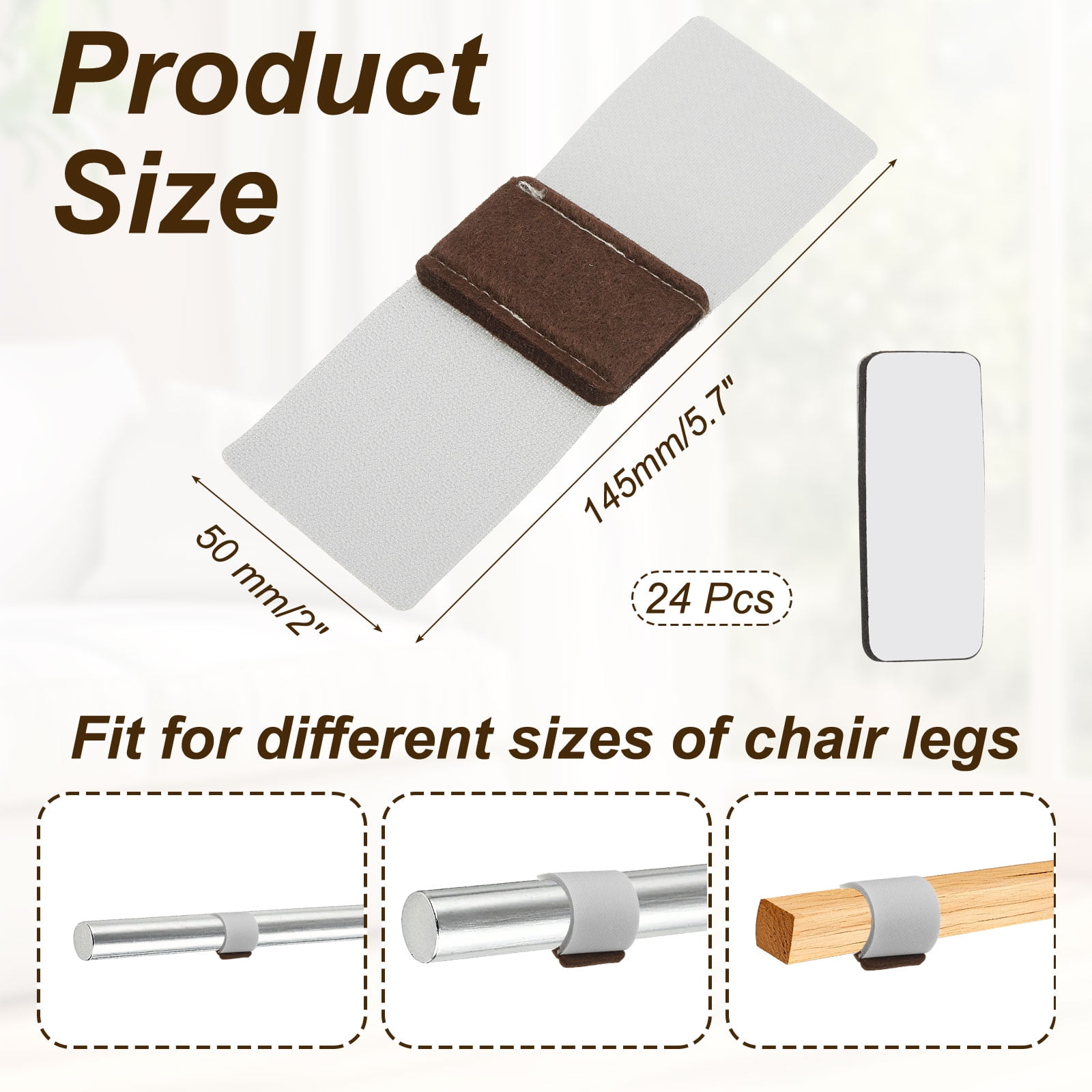 Uxcell 24Pcs Wrap-Around Felt Furniture Pads, 5.7 x 2" Chair Leg Floor Protectors with Grey Hook and Loop Fastener Bar Stool Glides Chair Bottom Protector for Hardwood Floors, Brown