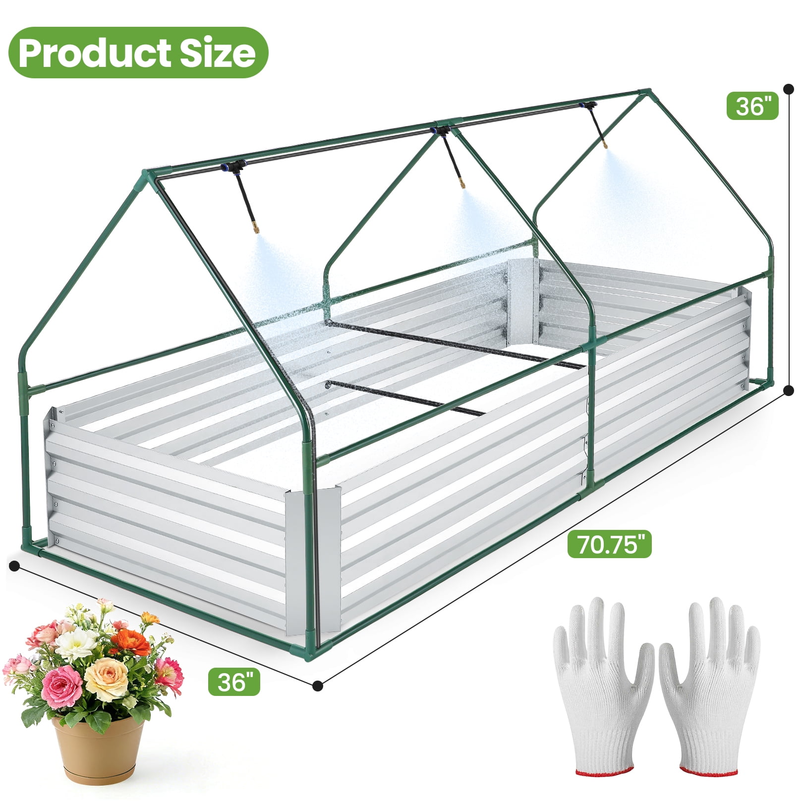 Funcid Galvanized Raised Garden Bed with Self Watering System and Mesh Cover, Outdoor Metal Planter Box 2 Roll-Up Doors Mini Greenhouse for Growing Flowers Fruits Vegetables and Herbs, 6x3x3ft(Green)