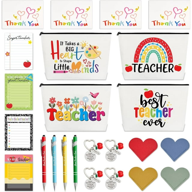 24Pcs Teacher Appreciation Gift Sticky Notes Set Thanksgiving Sticky Notes Bookmark Key Chain Makeup Bags Pen Greeting Card Christmas Teacher Gift Set for Women Teachers School Office Supplies