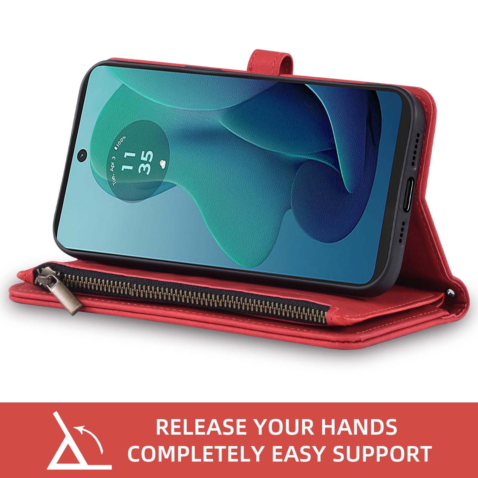 Asuwish Phone Case for Motorola Moto G 5G 2024 Wallet Cover With Tempered Glass Screen Protector Crossbody Wrist Strap Flip Pattern Zipper Credit Card Holder Stand Slot Cell G5G 5 G G5 Women Men Red